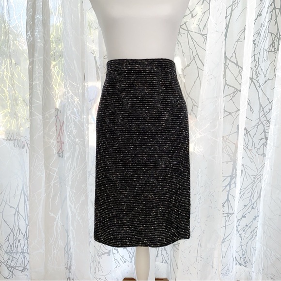 ST. JOHN BLACK WHITE TWEED KNIT HIGH WAISTED MIDI PENCIL SKIRT